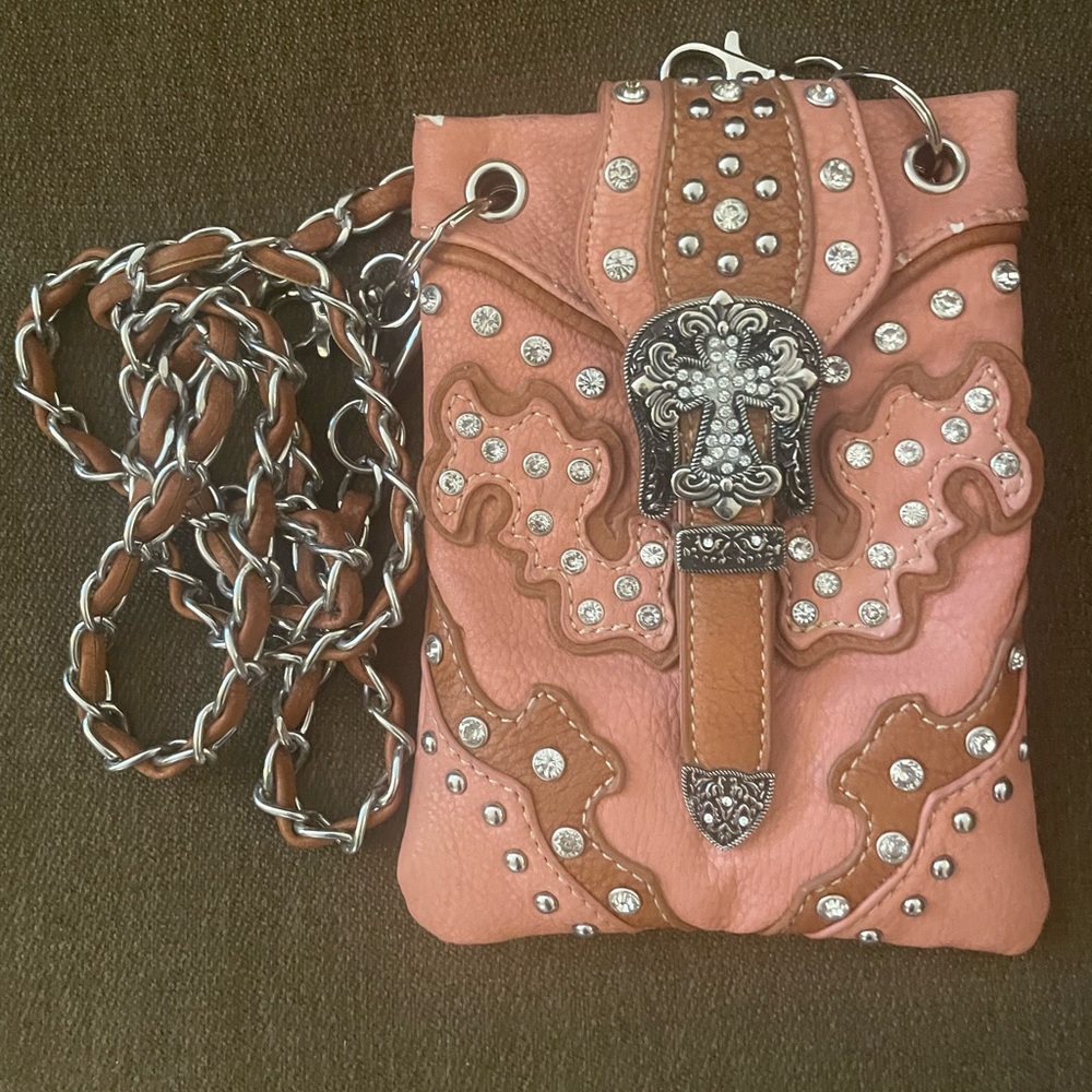 Wonderful mini rhinestone pink brown and silver cross purse with removable chain